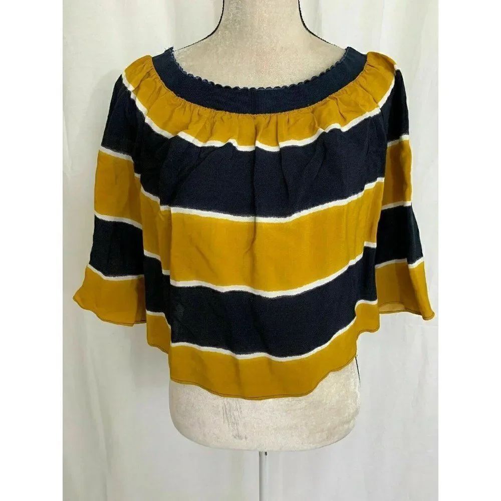 Zara Womens Navy Blue Yellow Striped Long Sleeve Crop Top Small